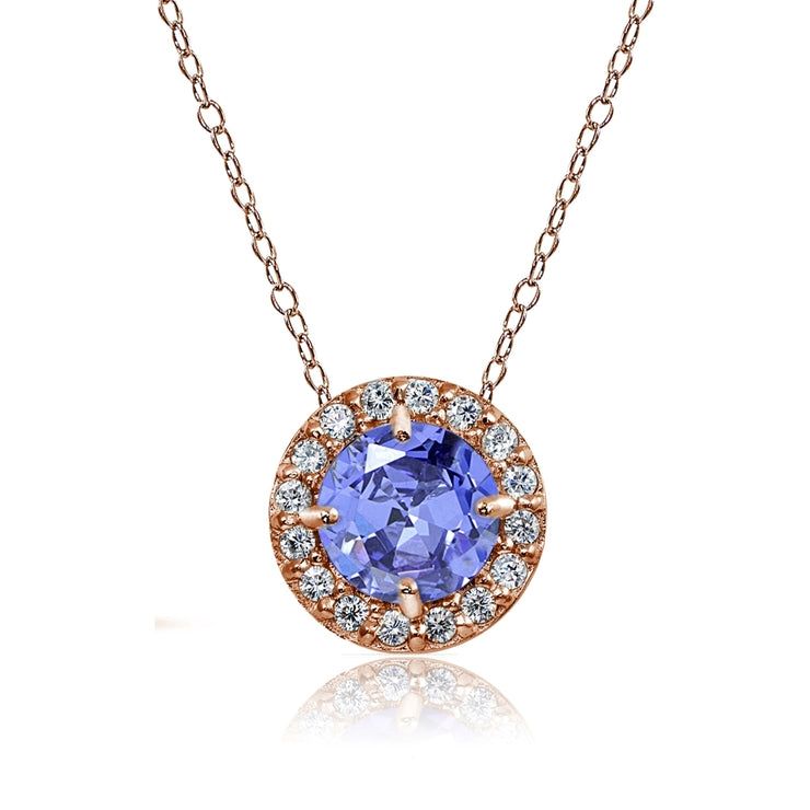 Rose Gold Flashed Sterling Silver Tanzanite and White Topaz Round Halo Necklace