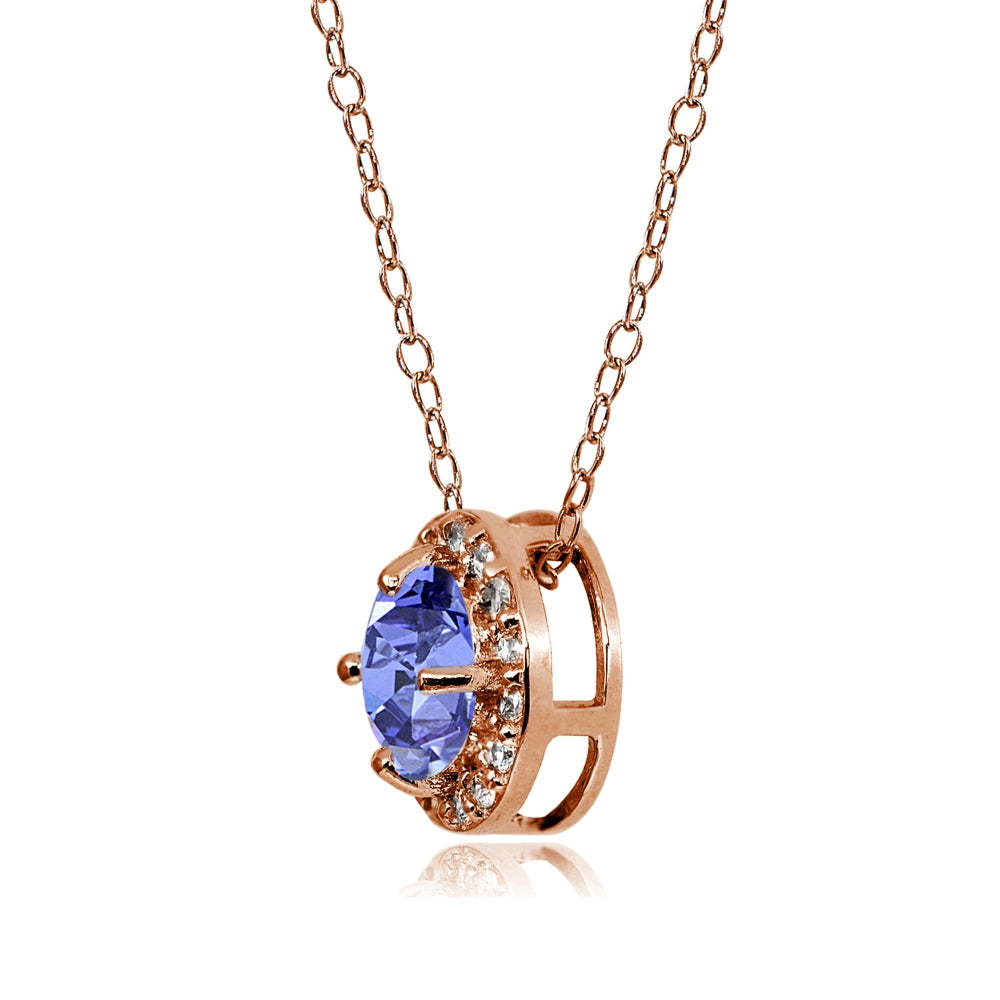 Rose Gold Flashed Sterling Silver Tanzanite and White Topaz Round Halo Necklace-2