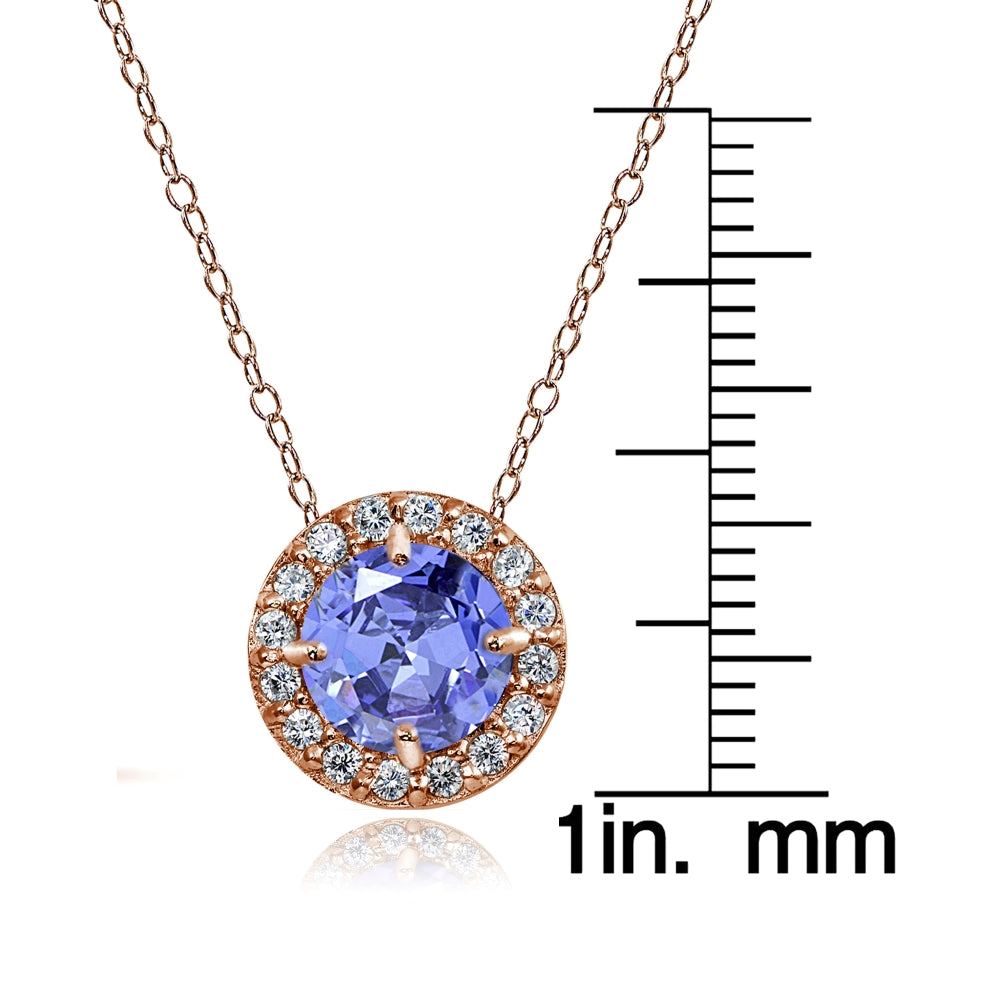 Rose Gold Flashed Sterling Silver Tanzanite and White Topaz Round Halo Necklace-3
