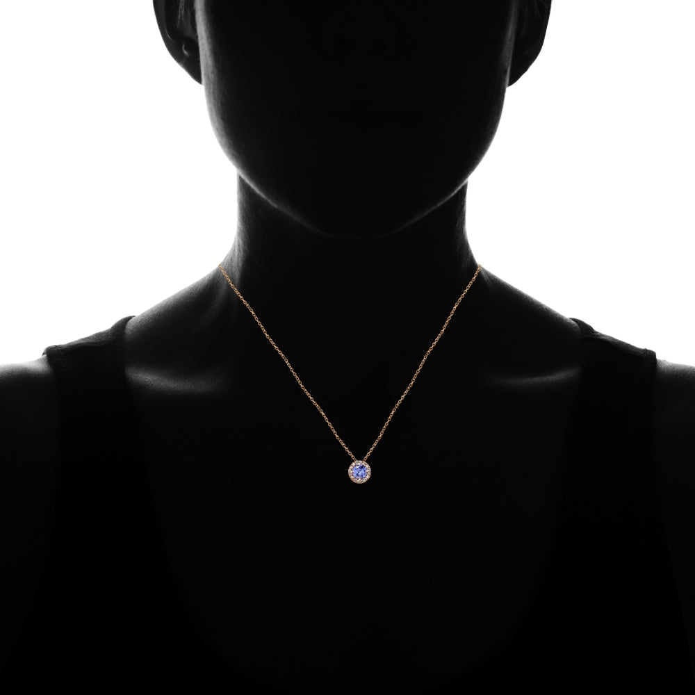 Rose Gold Flashed Sterling Silver Tanzanite and White Topaz Round Halo Necklace-4