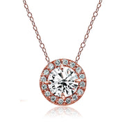 Rose Gold Flashed Sterling Silver Cubic Zirconia Round Halo Necklace