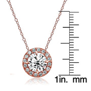 Rose Gold Flashed Sterling Silver Cubic Zirconia Round Halo Necklace
