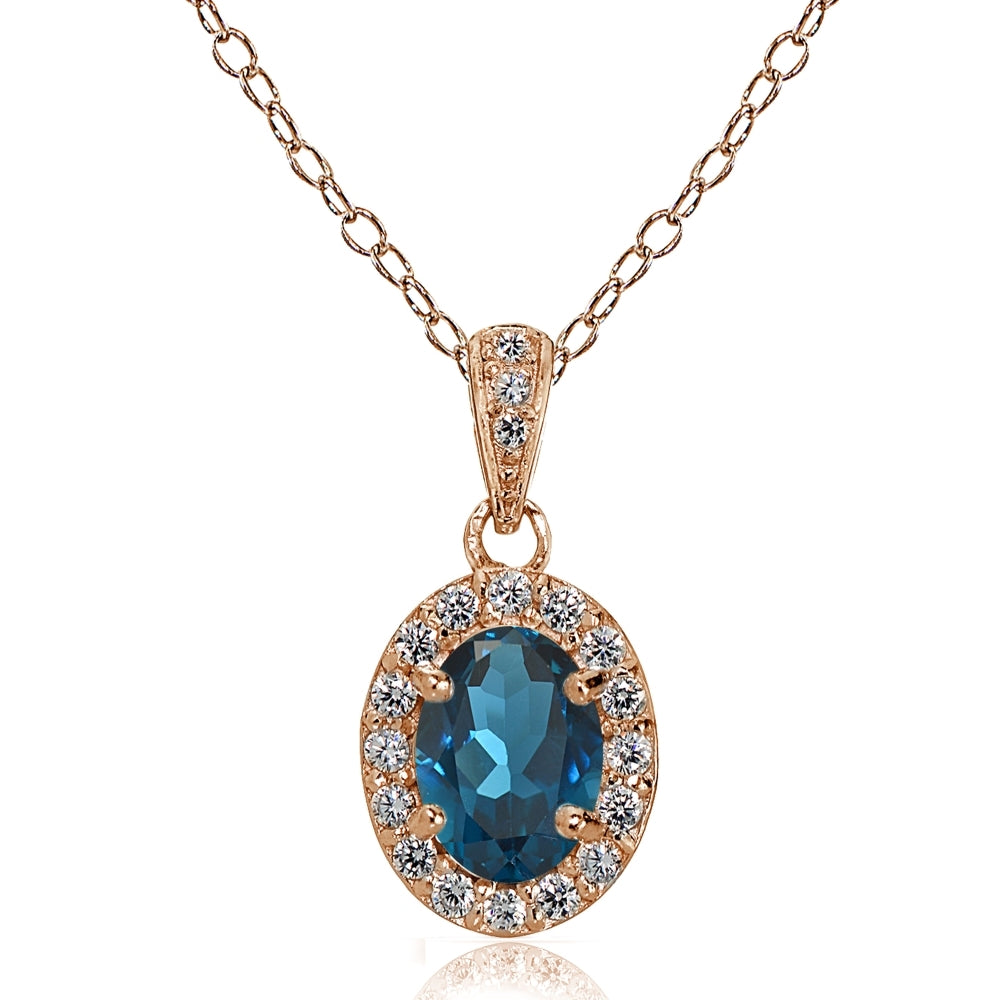 Rose Gold Flashed Sterling Silver London Blue and White Topaz Oval Halo Necklace
