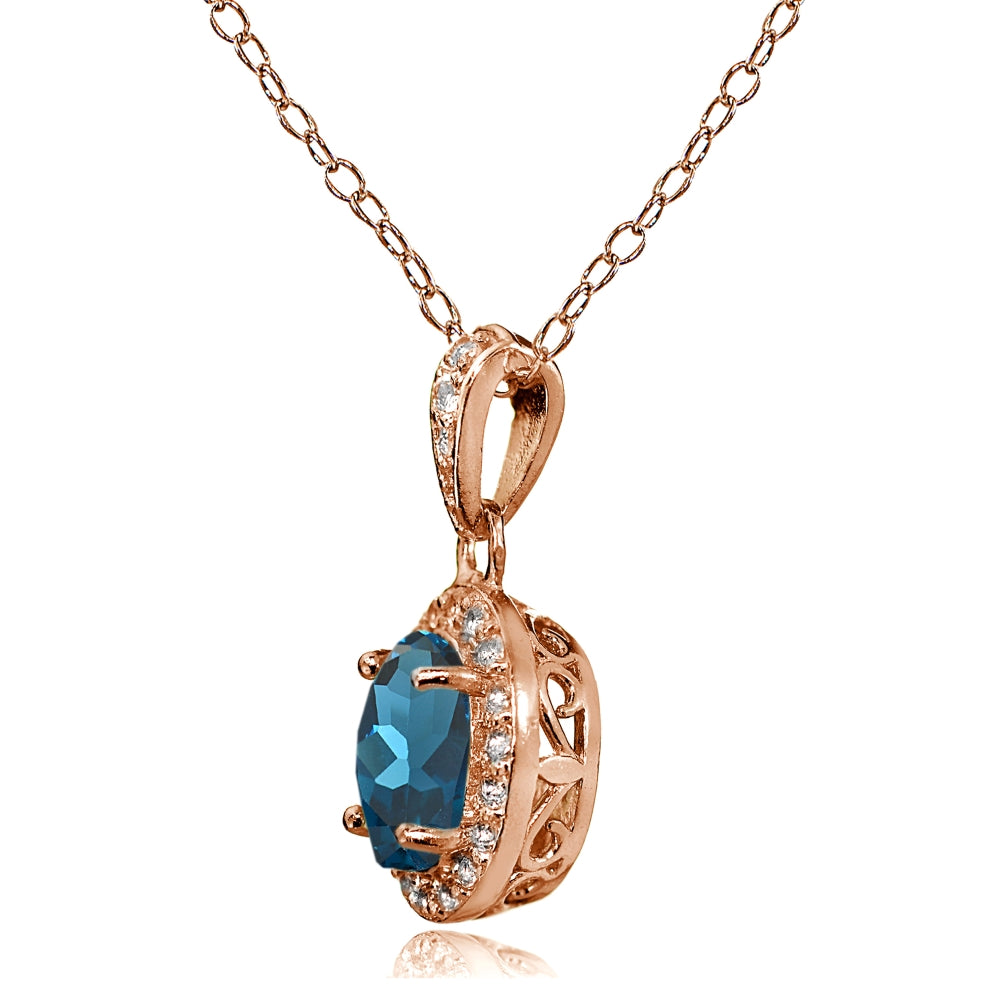 Rose Gold Flashed Sterling Silver London Blue and White Topaz Oval Halo Necklace-2