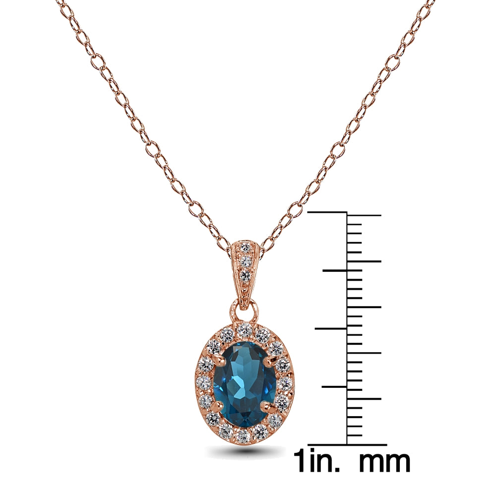 Rose Gold Flashed Sterling Silver London Blue and White Topaz Oval Halo Necklace-3