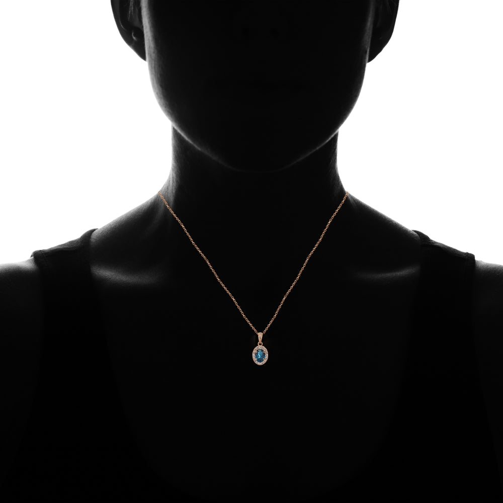 Rose Gold Flashed Sterling Silver London Blue and White Topaz Oval Halo Necklace-4