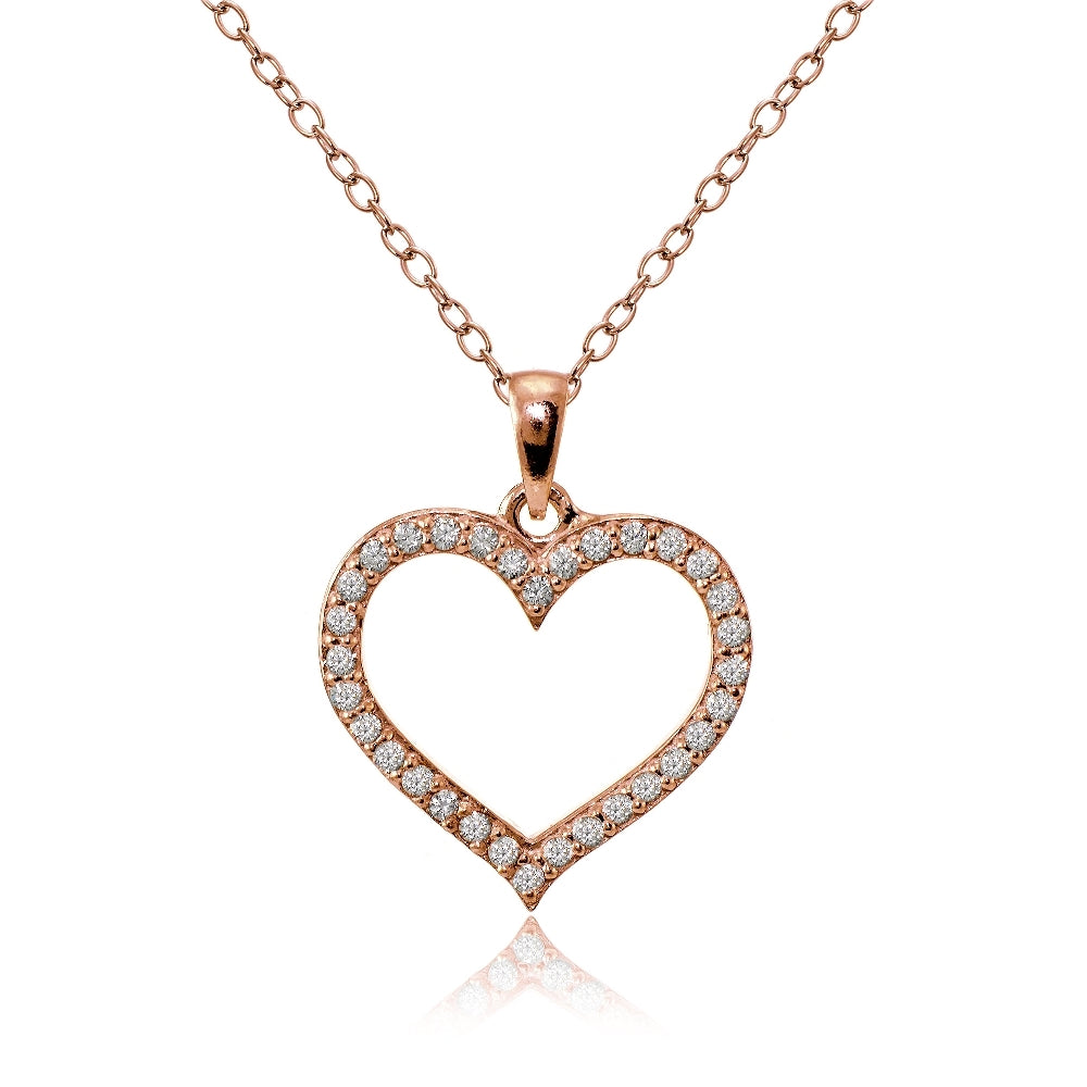 Rose Gold Flashed Sterling Silver Cubic Zirconia Open Heart Necklace