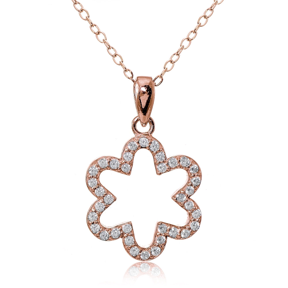 Rose Gold Flashed Sterling Silver Cubic Zirconia Open Flower Necklace