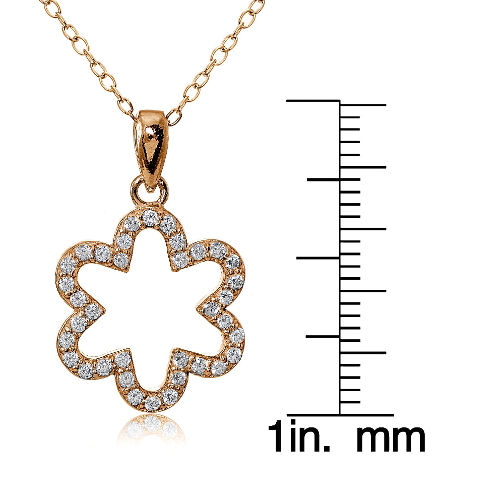 Rose Gold Flashed Sterling Silver Cubic Zirconia Open Flower Necklace-3