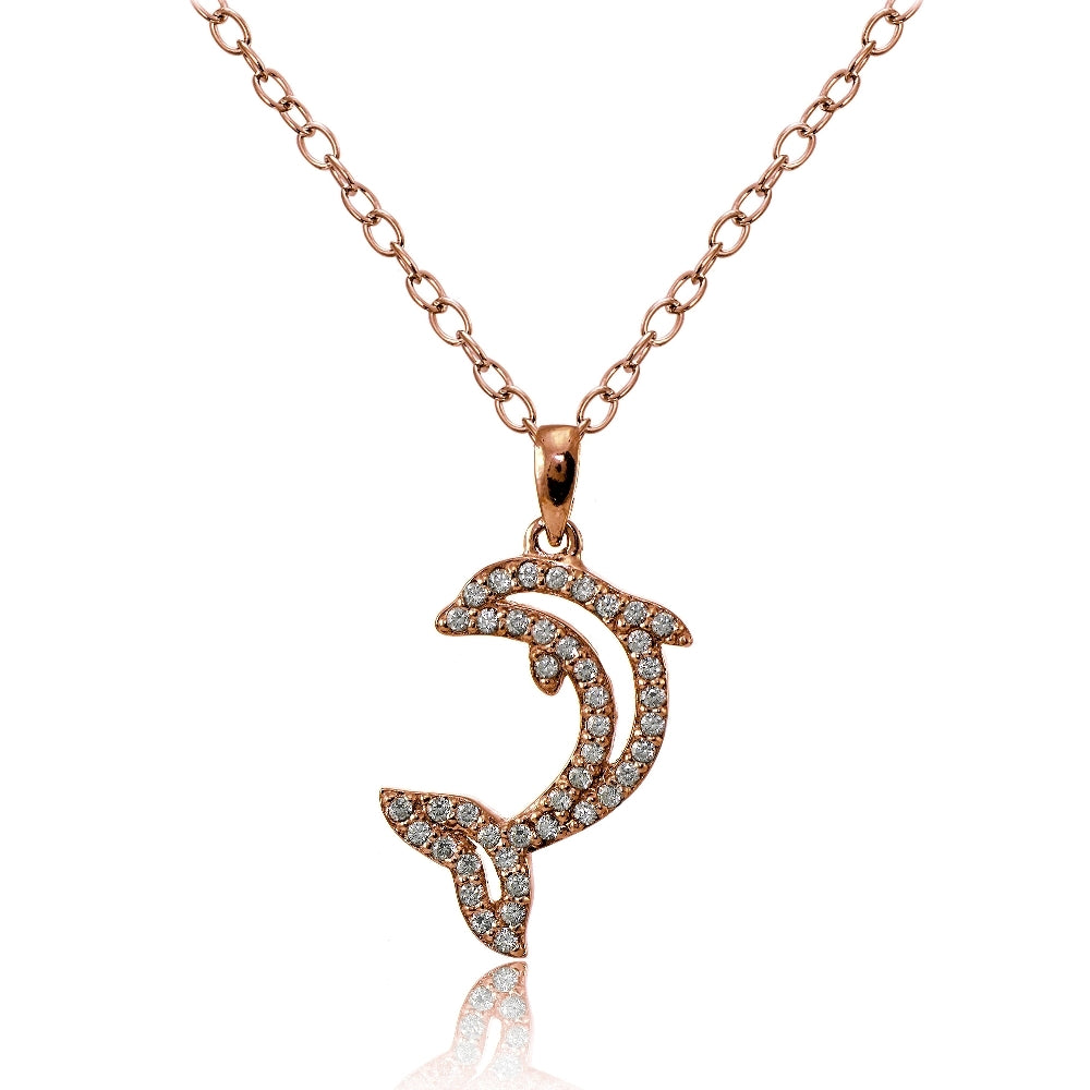 Rose Gold Flashed Sterling Silver Cubic Zirconia Dolphin Necklace