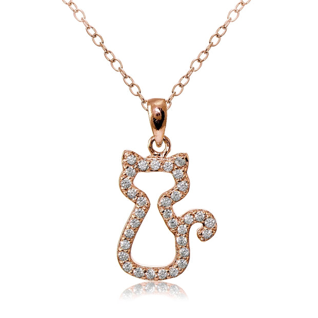 Rose Gold Flashed Sterling Silver Cubic Zirconia Kitten Cat Necklace