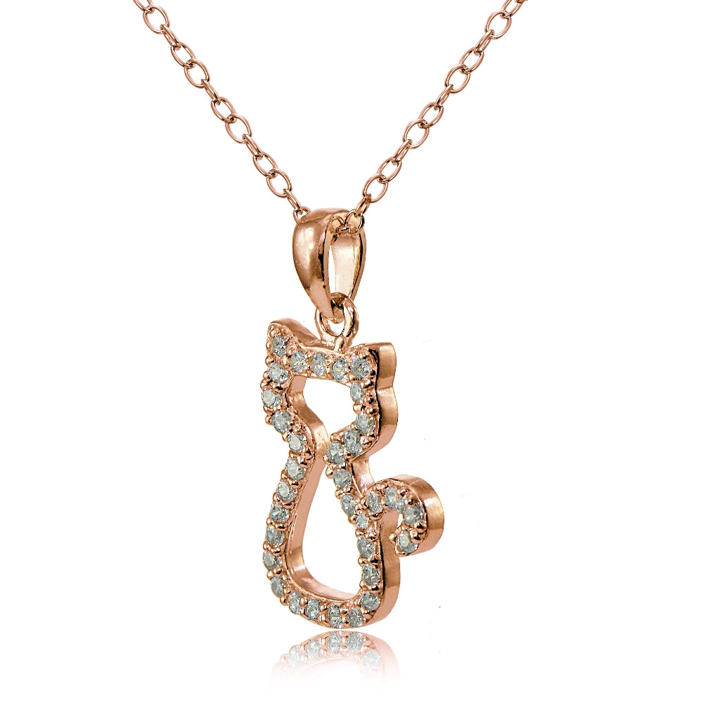 Rose Gold Flashed Sterling Silver Cubic Zirconia Kitten Cat Necklace-2
