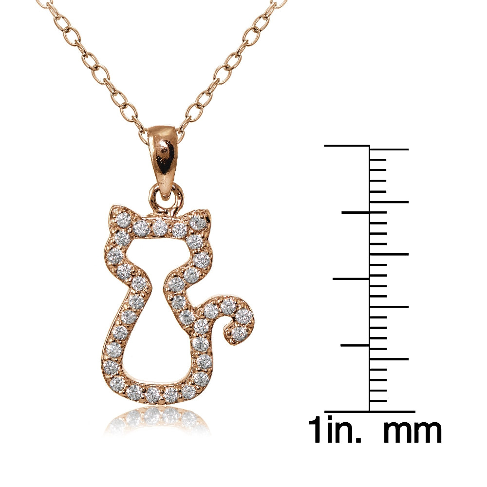 Rose Gold Flashed Sterling Silver Cubic Zirconia Kitten Cat Necklace-3