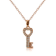 Rose Gold Flashed Sterling Silver Cubic Zirconia Heart Key Necklace