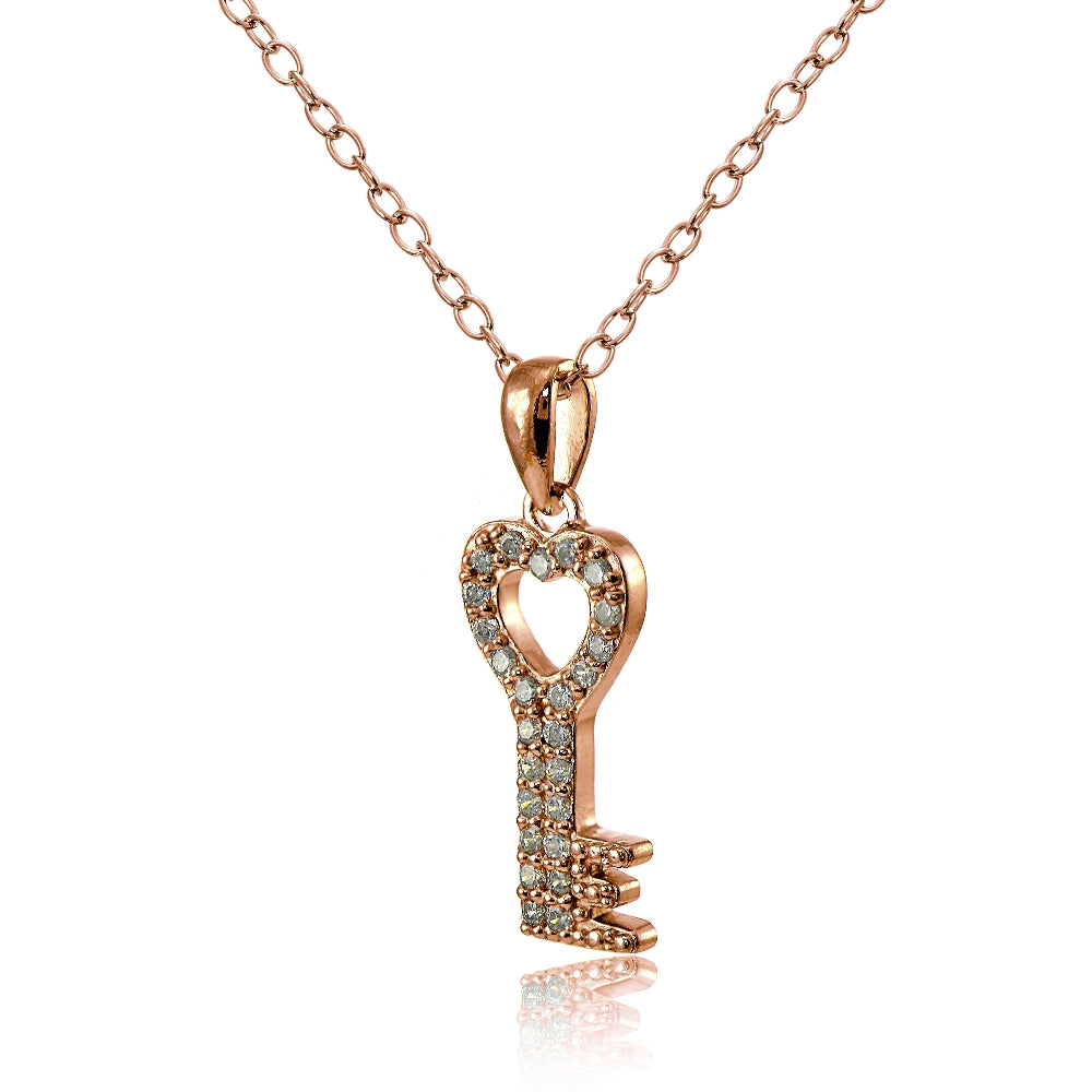 Rose Gold Flashed Sterling Silver Cubic Zirconia Heart Key Necklace-2