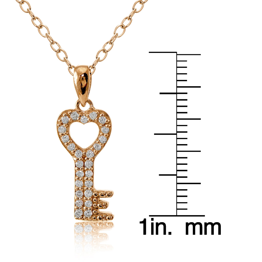 Rose Gold Flashed Sterling Silver Cubic Zirconia Heart Key Necklace-3