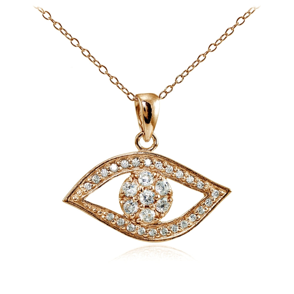 Rose Gold Flashed Sterling Silver Cubic Zirconia Evil Eye Flower Necklace