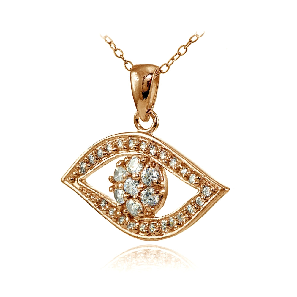 Rose Gold Flashed Sterling Silver Cubic Zirconia Evil Eye Flower Necklace-2