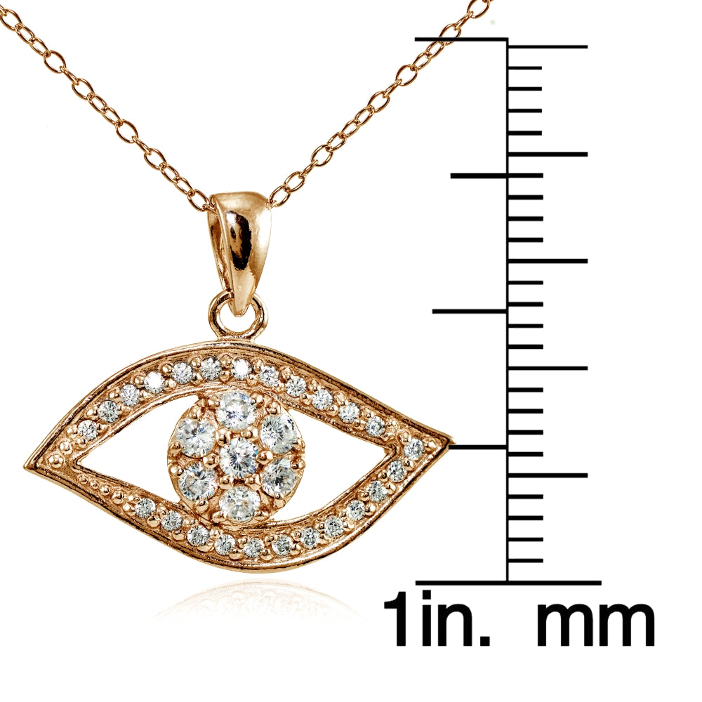 Rose Gold Flashed Sterling Silver Cubic Zirconia Evil Eye Flower Necklace-3