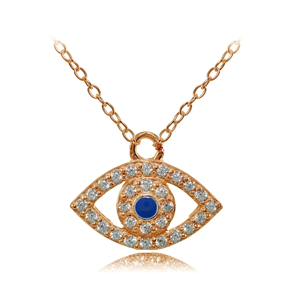 Rose Gold Flashed Sterling Silver Cubic Zirconia and Blue Enamel Evil Eye Necklace