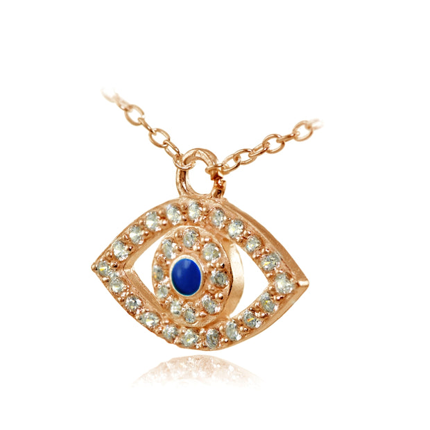 Rose Gold Flashed Sterling Silver Cubic Zirconia and Blue Enamel Evil Eye Necklace