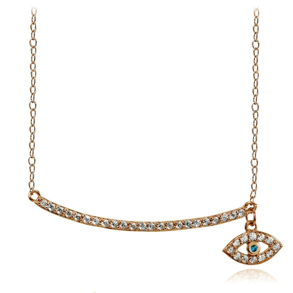 Rose Gold Flashed Sterling Silver Aqua Cubic Zirconia Dangling Evil Eye Bar Necklace