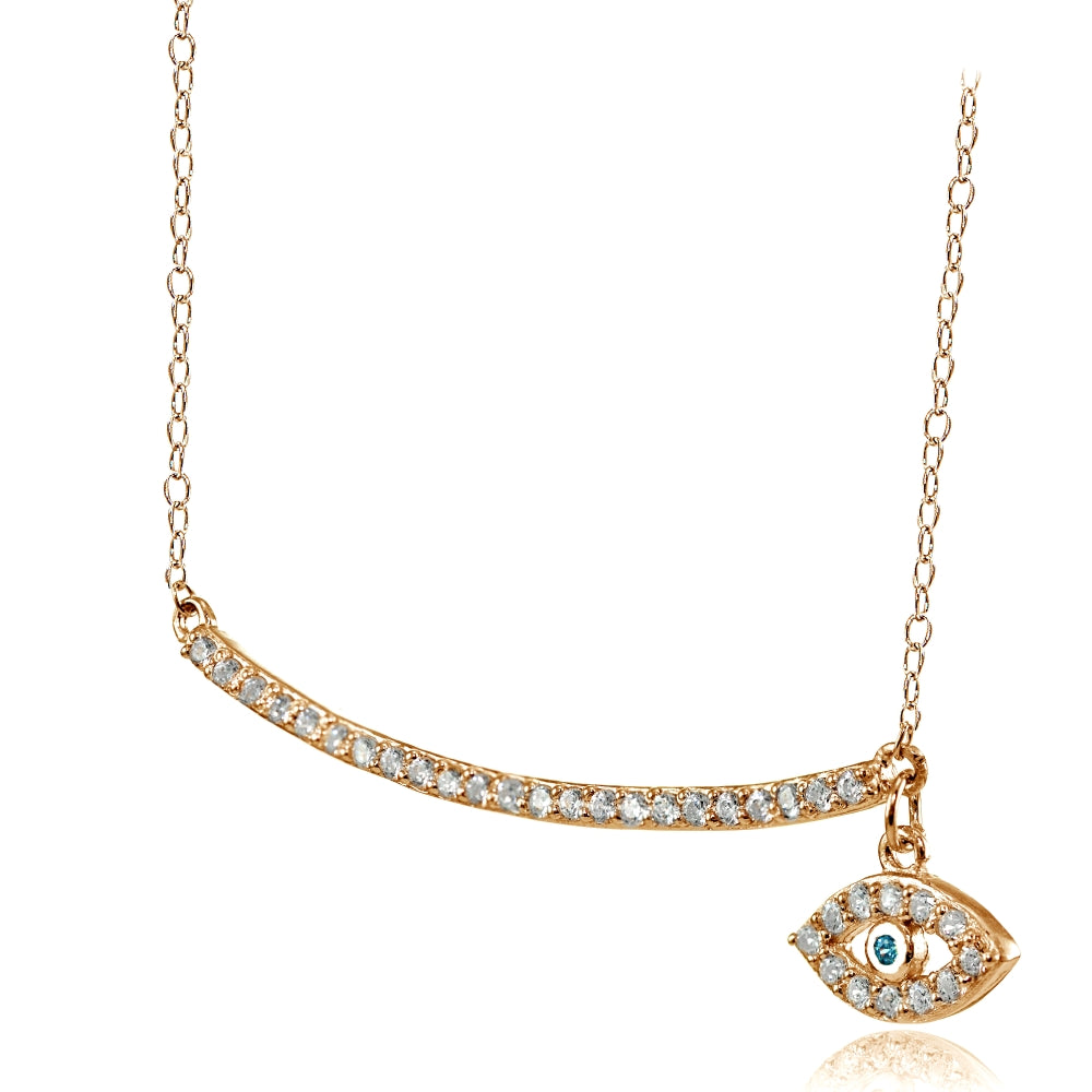 Rose Gold Flashed Sterling Silver Aqua Cubic Zirconia Dangling Evil Eye Bar Necklace-2