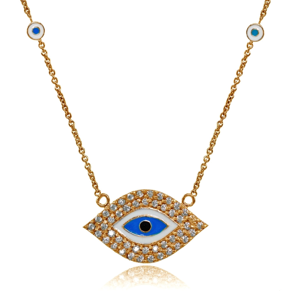 Rose Gold Flashed Sterling Silver Cubic Zirconia and Multi Colored Enamel Evil Eye Necklace