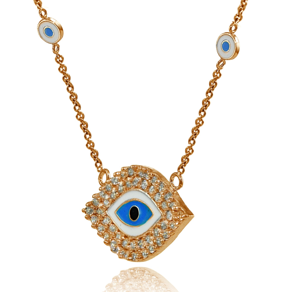 Rose Gold Flashed Sterling Silver Cubic Zirconia and Multi Colored Enamel Evil Eye Necklace-2