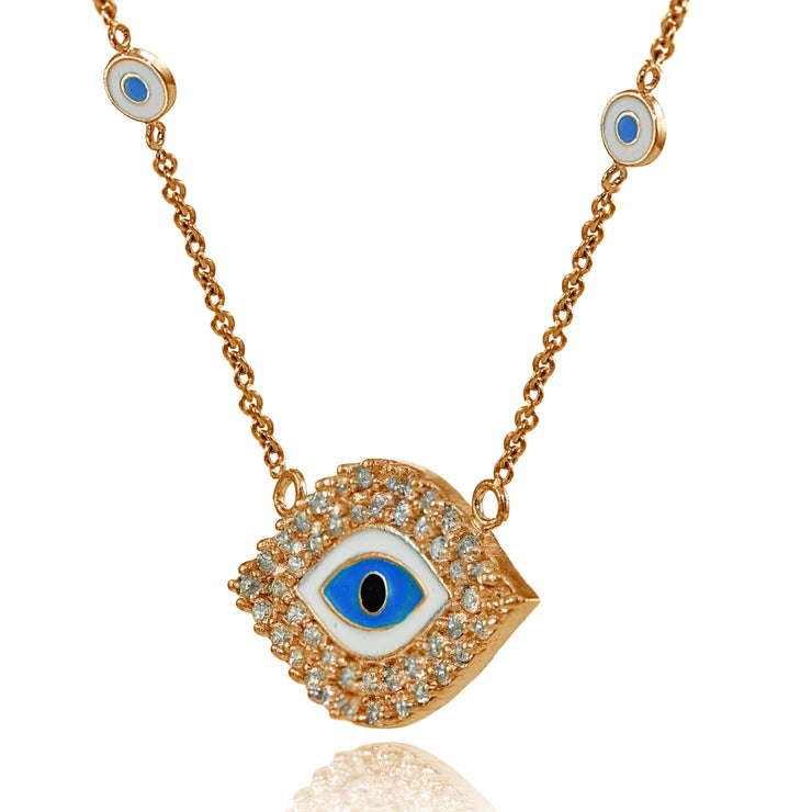 Rose Gold Flashed Sterling Silver Cubic Zirconia and Multi Colored Enamel Evil Eye Necklace