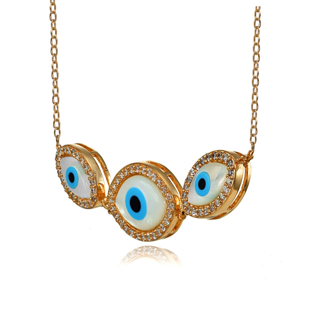 Rose Gold Flashed Sterling Silver Cubic Zirconia Triple Evil Eye Necklace