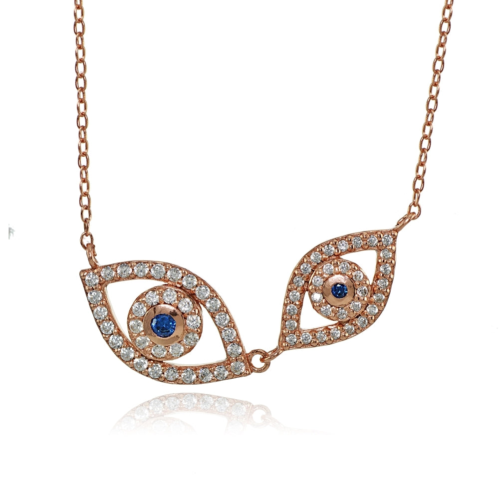 Rose Gold Flashed Silver Cubic Zirconia and Created Blue Sapphire Double Evil Eye Necklace