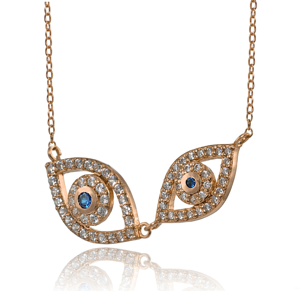 Rose Gold Flashed Silver Cubic Zirconia and Created Blue Sapphire Double Evil Eye Necklace-2
