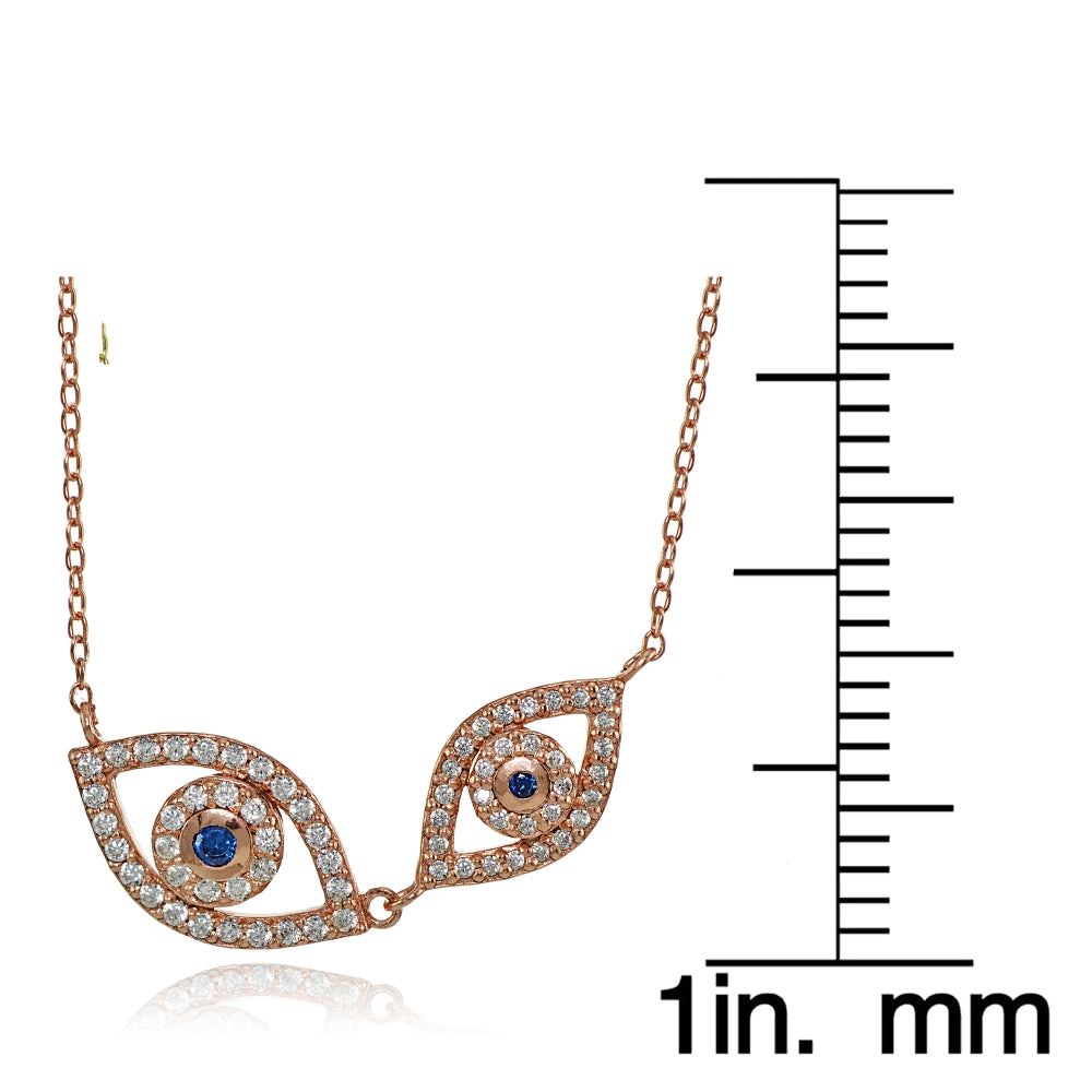 Rose Gold Flashed Silver Cubic Zirconia and Created Blue Sapphire Double Evil Eye Necklace-3