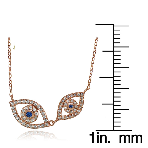 Rose Gold Flashed Silver Cubic Zirconia and Created Blue Sapphire Double Evil Eye Necklace