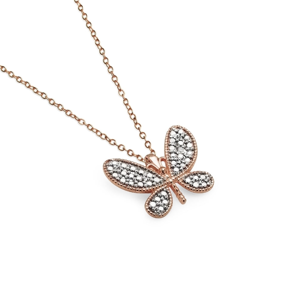 Rose Gold Flashed Sterling Silver Butterfly Diamond Accent Pendant Necklace, JK-I3