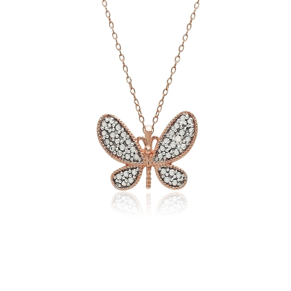 Rose Gold Flashed Sterling Silver Butterfly Diamond Accent Pendant Necklace, JK-I3-2