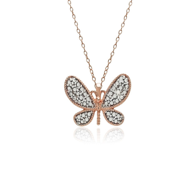 Rose Gold Flashed Sterling Silver Butterfly Diamond Accent Pendant Necklace, JK-I3