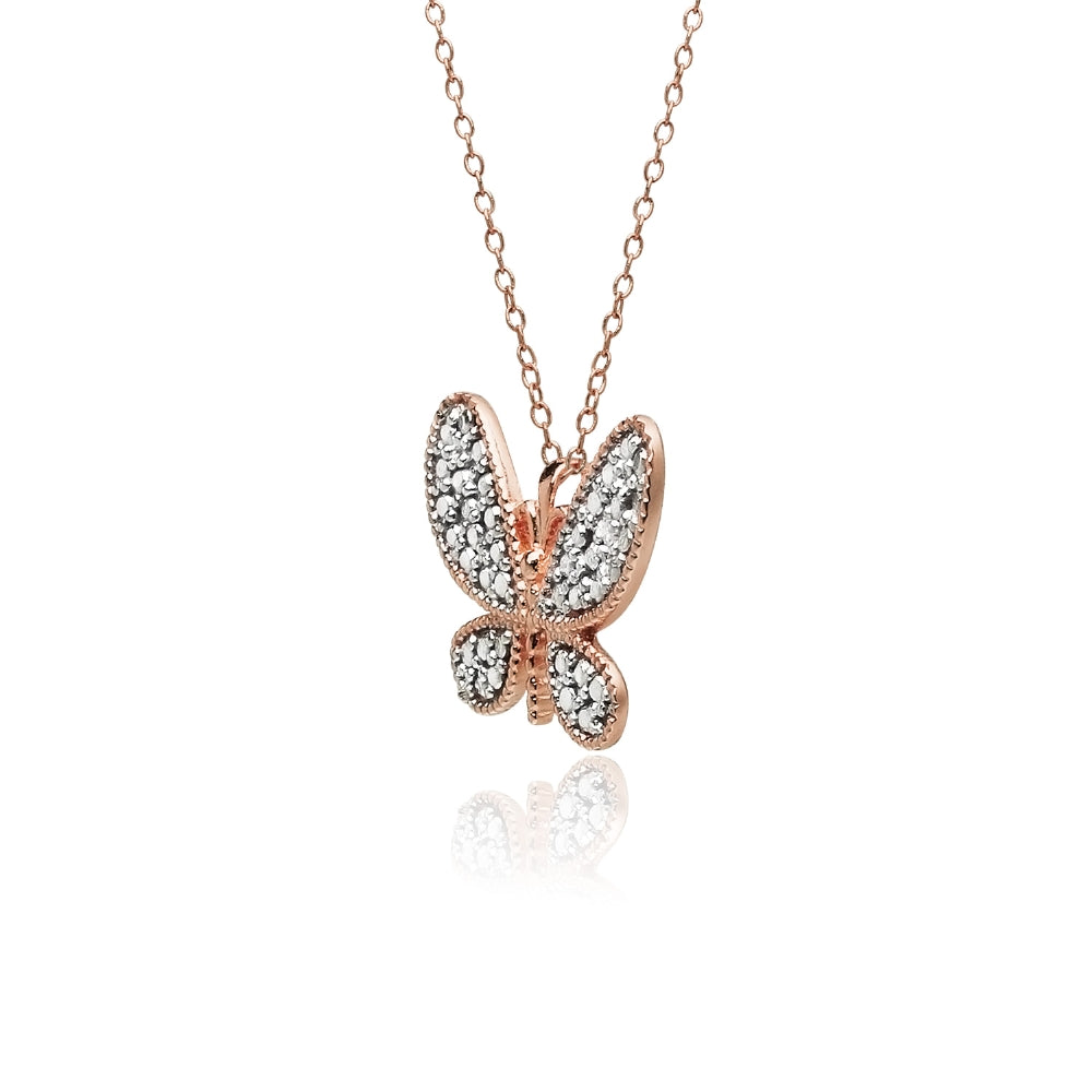 Rose Gold Flashed Sterling Silver Butterfly Diamond Accent Pendant Necklace, JK-I3-3