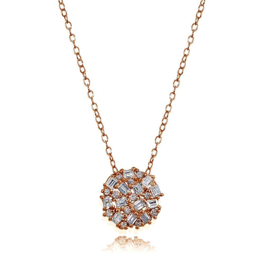 Rose Gold Flashed Sterling Silver Baguette and Round-Cut Cubic Zirconia Cluster Round Circle Necklace