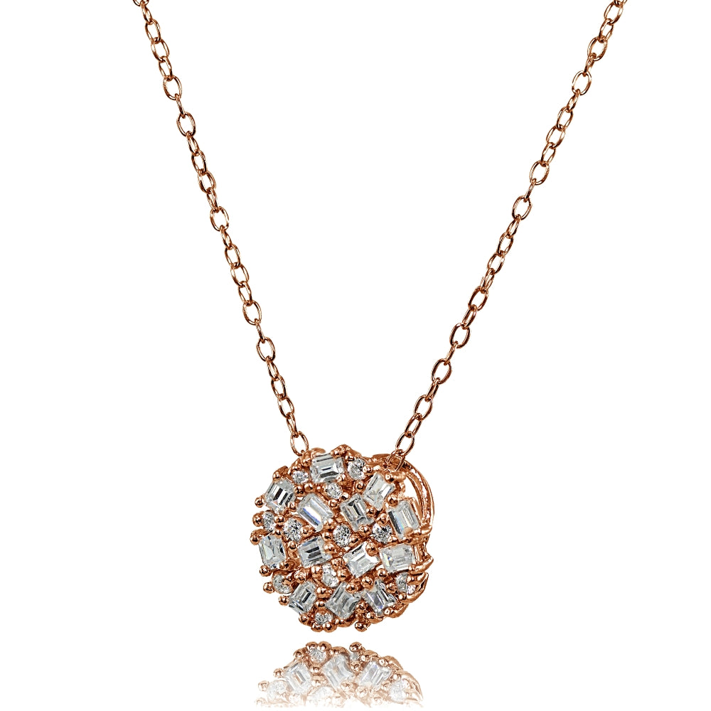 Rose Gold Flashed Sterling Silver Baguette and Round-Cut Cubic Zirconia Cluster Round Circle Necklace-2