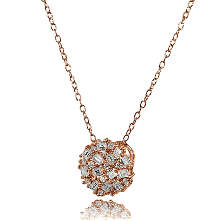 Rose Gold Flashed Sterling Silver Baguette and Round-Cut Cubic Zirconia Cluster Round Circle Necklace