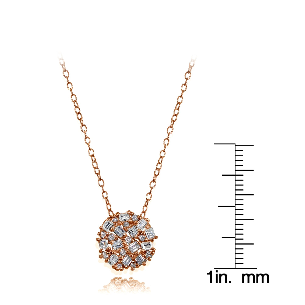 Rose Gold Flashed Sterling Silver Baguette and Round-Cut Cubic Zirconia Cluster Round Circle Necklace-3