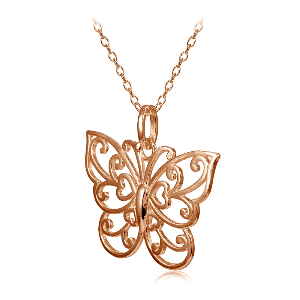 Rose Gold Flashed Sterling Silver High Polished Filigree Butterfly Necklace-2