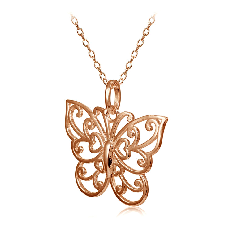 Rose Gold Flashed Sterling Silver High Polished Filigree Butterfly Necklace