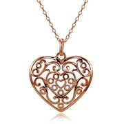 Rose Gold Flashed Sterling Silver High Polished Filigree Heart Necklace