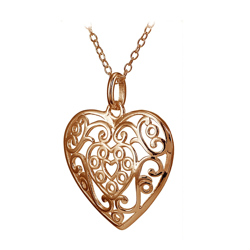 Rose Gold Flashed Sterling Silver High Polished Filigree Heart Necklace-2