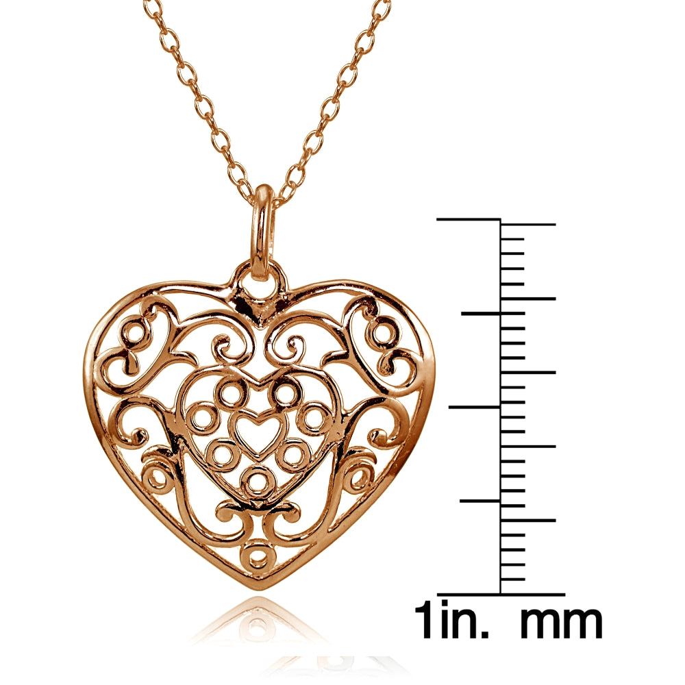 Rose Gold Flashed Sterling Silver High Polished Filigree Heart Necklace-3