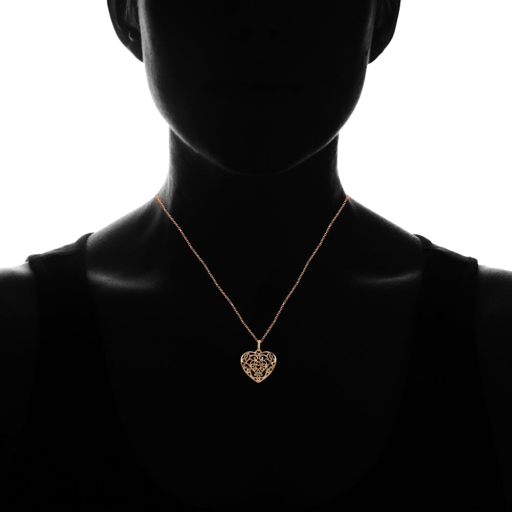 Rose Gold Flashed Sterling Silver High Polished Filigree Heart Necklace-4
