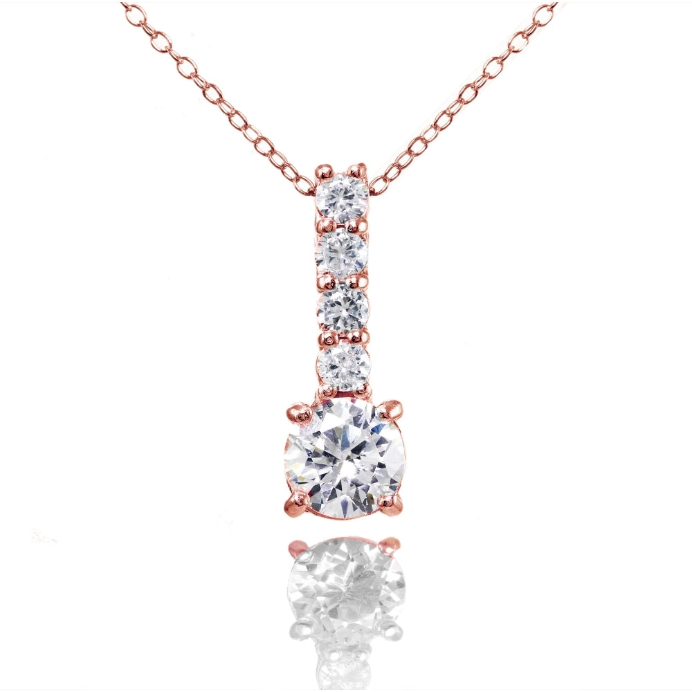 Rose Gold Flashed Sterling Silver Cubic Zirconia 5-Stone Round Drop Necklace
